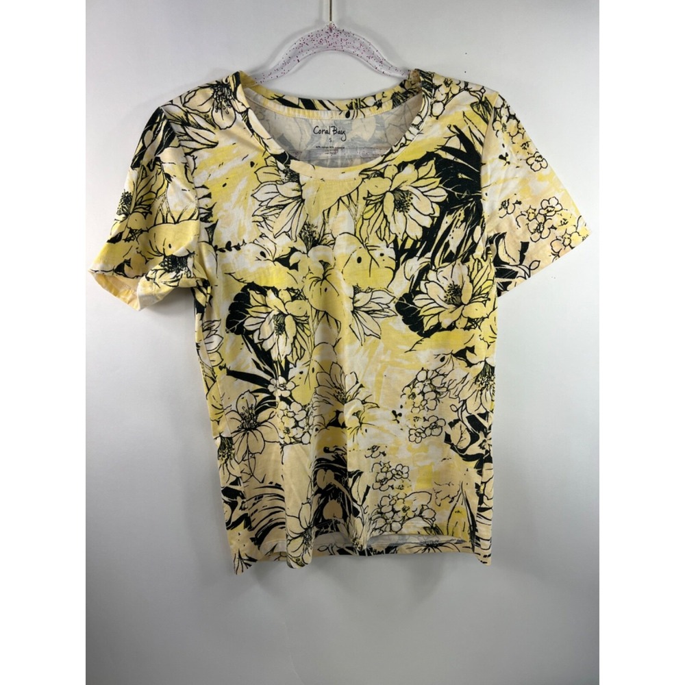 Coral Bay Blouse Women's Sz S Yellow Floral Short Sleeve Scoop Neck